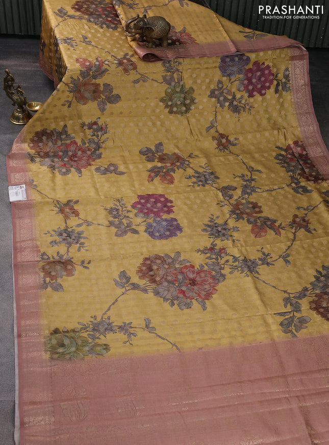 Chiniya silk saree mustard yellow with zari woven buttas & digital prints and zari woven border