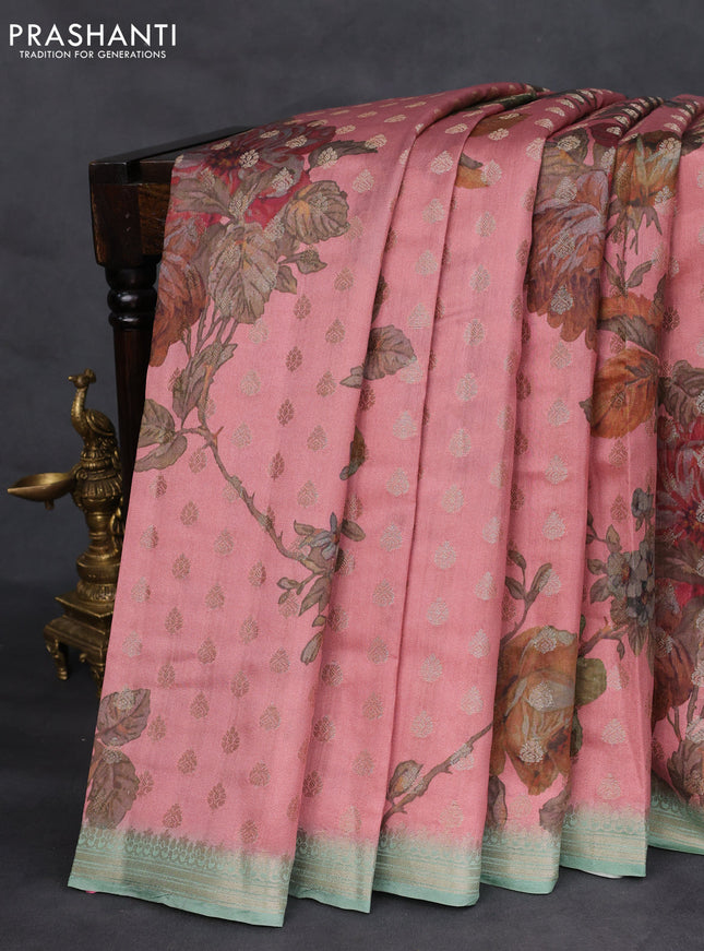 Chiniya silk saree rust shade and pastel green with zari woven buttas & digital prints and zari woven border