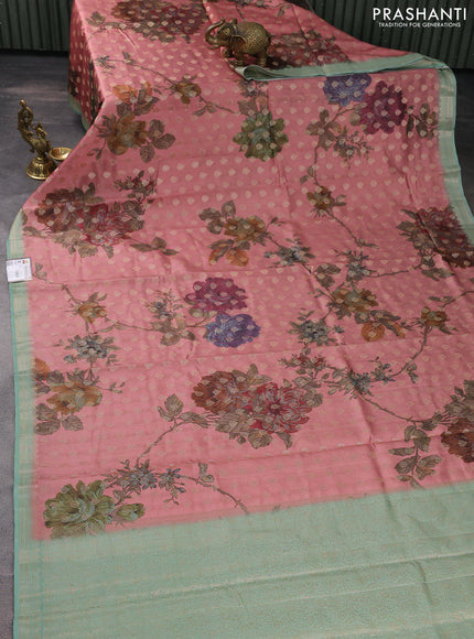 Chiniya silk saree rust shade and pastel green with zari woven buttas & digital prints and zari woven border