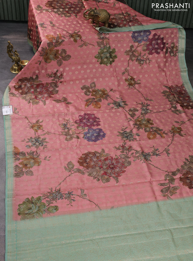 Chiniya silk saree rust shade and pastel green with zari woven buttas & digital prints and zari woven border