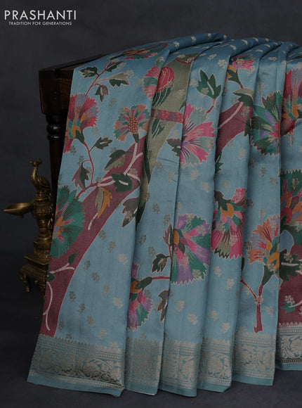 Chiniya silk saree pastel blue with zari woven buttas & digital prints and zari woven border