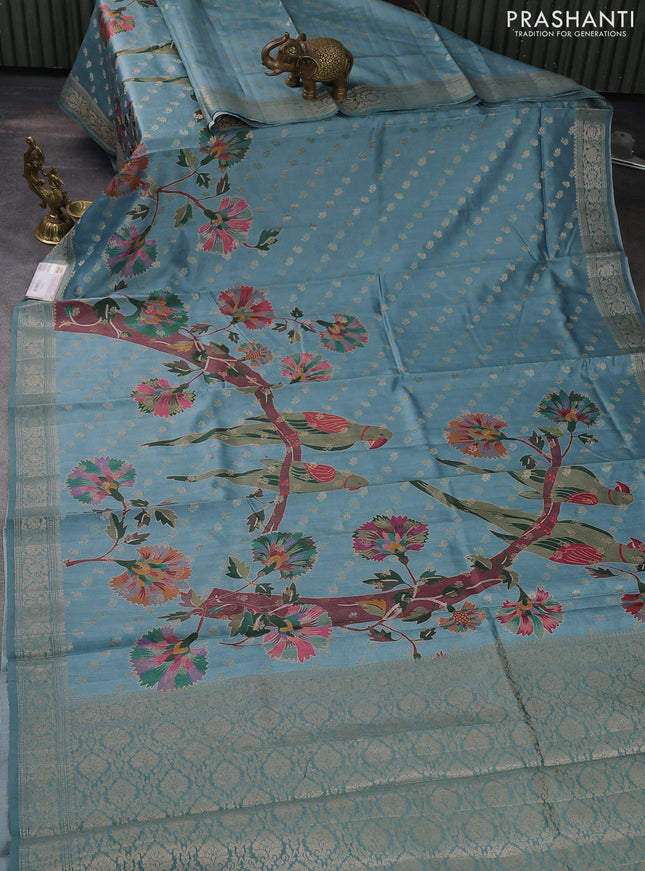 Chiniya silk saree pastel blue with zari woven buttas & digital prints and zari woven border