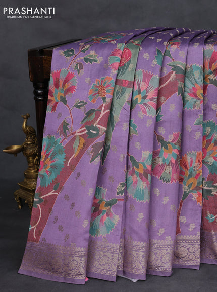 Chiniya silk saree violet with zari woven buttas & digital prints and zari woven border