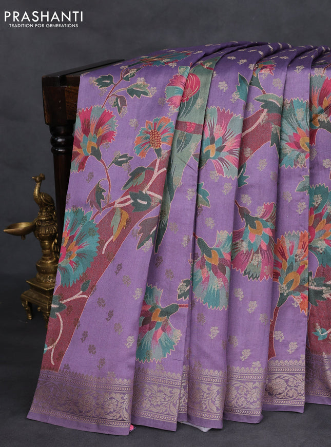 Chiniya silk saree violet with zari woven buttas & digital prints and zari woven border