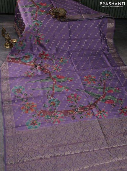 Chiniya silk saree violet with zari woven buttas & digital prints and zari woven border