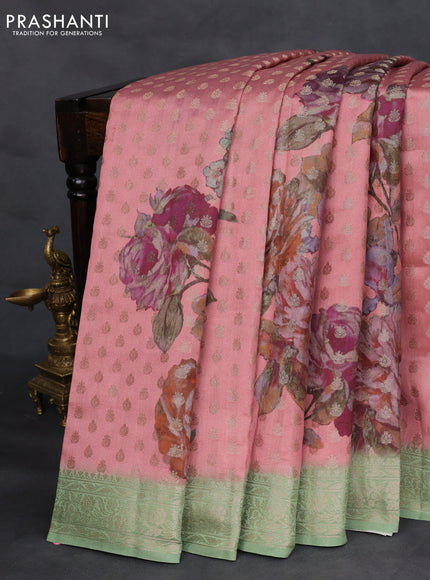 Chiniya silk saree rust shade and pastel green with zari woven buttas & digital prints and zari woven border