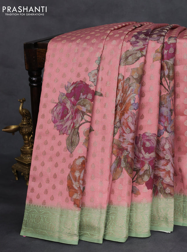 Chiniya silk saree rust shade and pastel green with zari woven buttas & digital prints and zari woven border