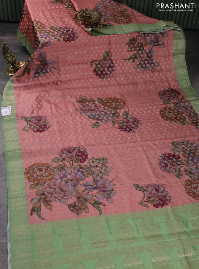 Chiniya silk saree rust shade and pastel green with zari woven buttas & digital prints and zari woven border
