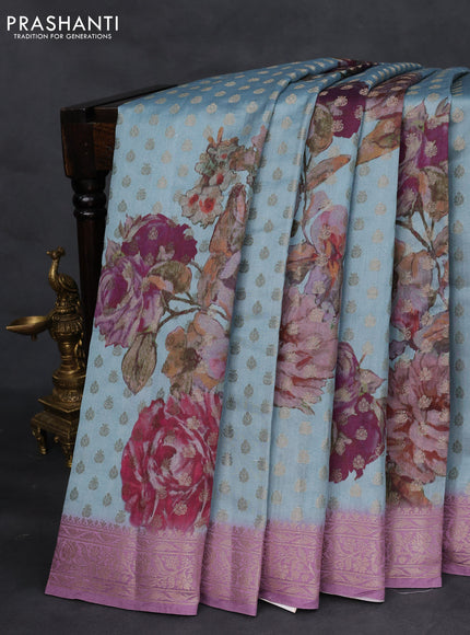 Chiniya silk saree pastel blue and lavender shade with zari woven buttas & digital prints and zari woven border