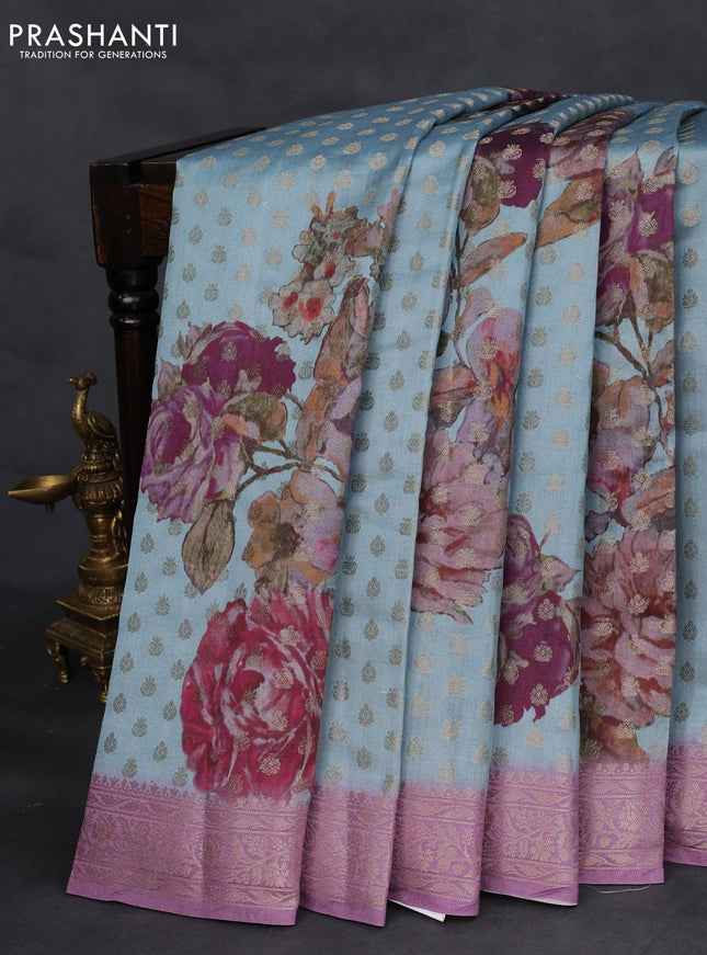 Chiniya silk saree pastel blue and lavender shade with zari woven buttas & digital prints and zari woven border
