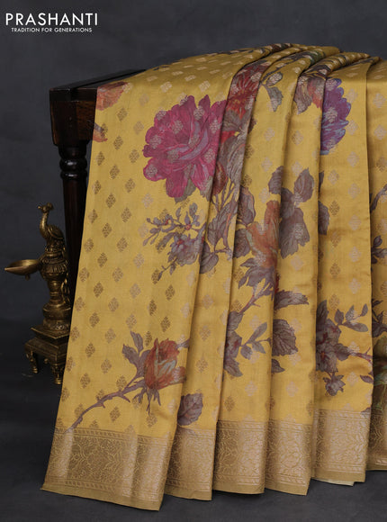 Chiniya silk saree mustard yellow with zari woven buttas & digital prints and zari woven border