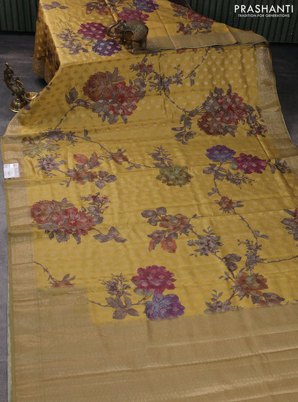 Chiniya silk saree mustard yellow with zari woven buttas & digital prints and zari woven border