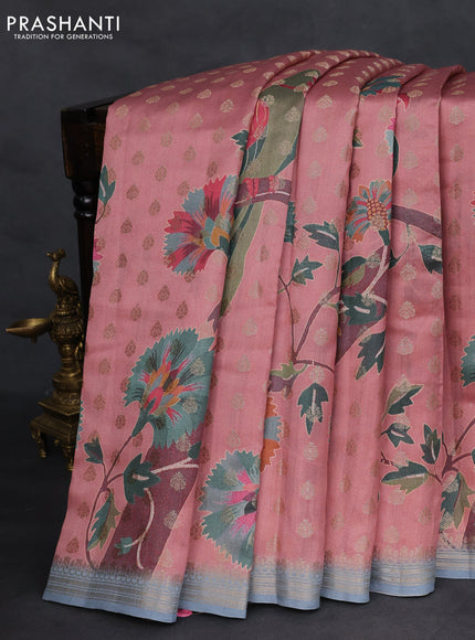 Chiniya silk saree peach shade and pastel blue with woven buttas & digital prints and zari woven border