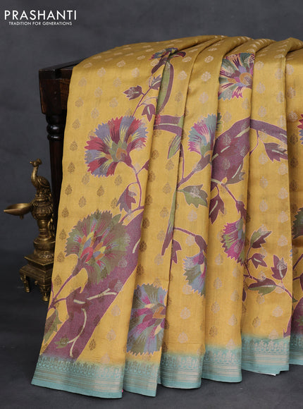 Chiniya silk saree mustard yellow and teal shade with woven buttas & digital prints and zari woven border