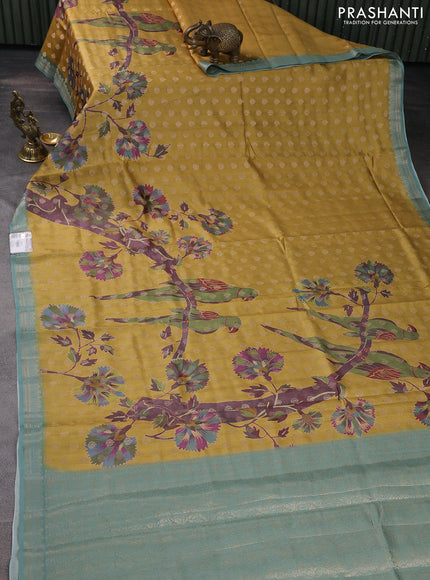 Chiniya silk saree mustard yellow and teal shade with woven buttas & digital prints and zari woven border