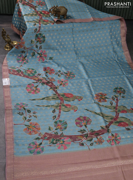 Chiniya silk saree pastel blue and mauve pink with woven buttas & digital prints and zari woven border