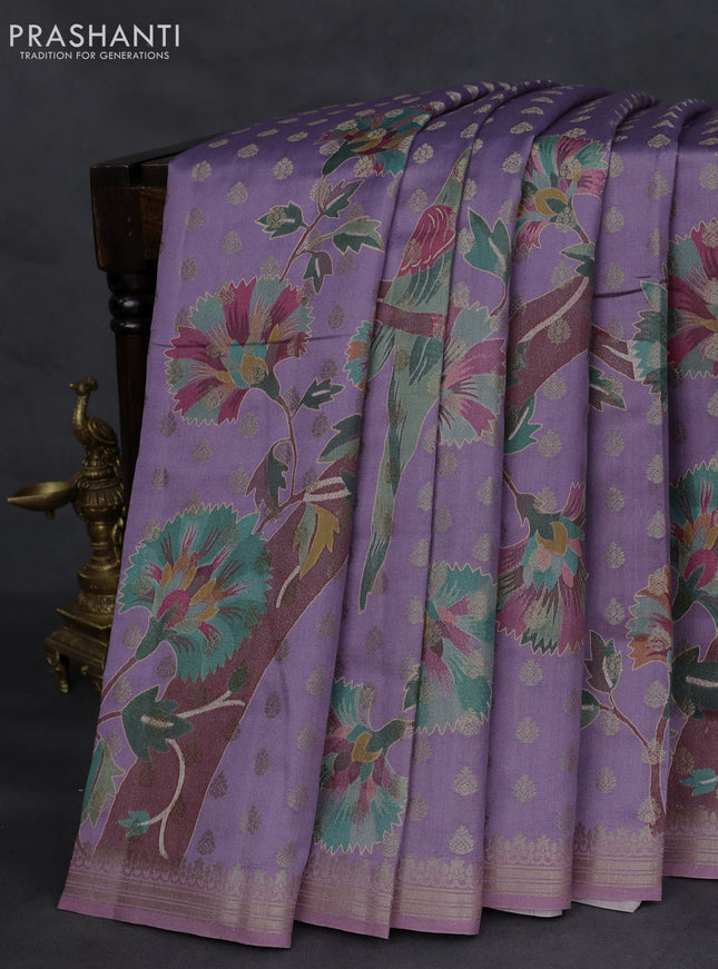 Chiniya silk saree violet shade and mauve pink with woven buttas & digital prints and zari woven border