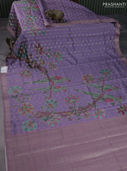 Chiniya silk saree violet shade and mauve pink with woven buttas & digital prints and zari woven border