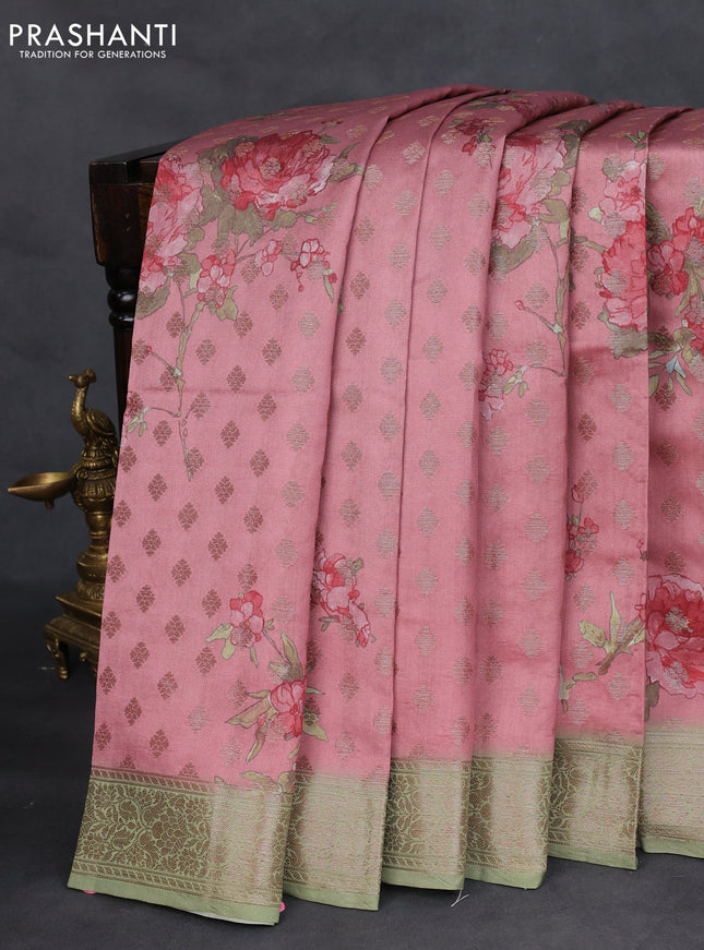 Chiniya silk saree pastel maroon and pastel green with woven buttas & digital prints and zari woven border