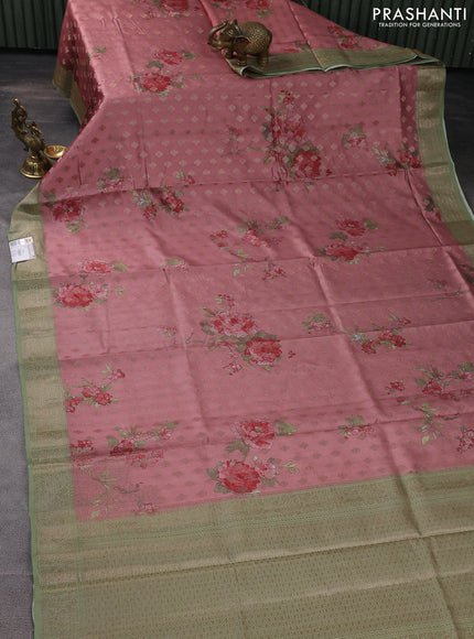Chiniya silk saree pastel maroon and pastel green with woven buttas & digital prints and zari woven border