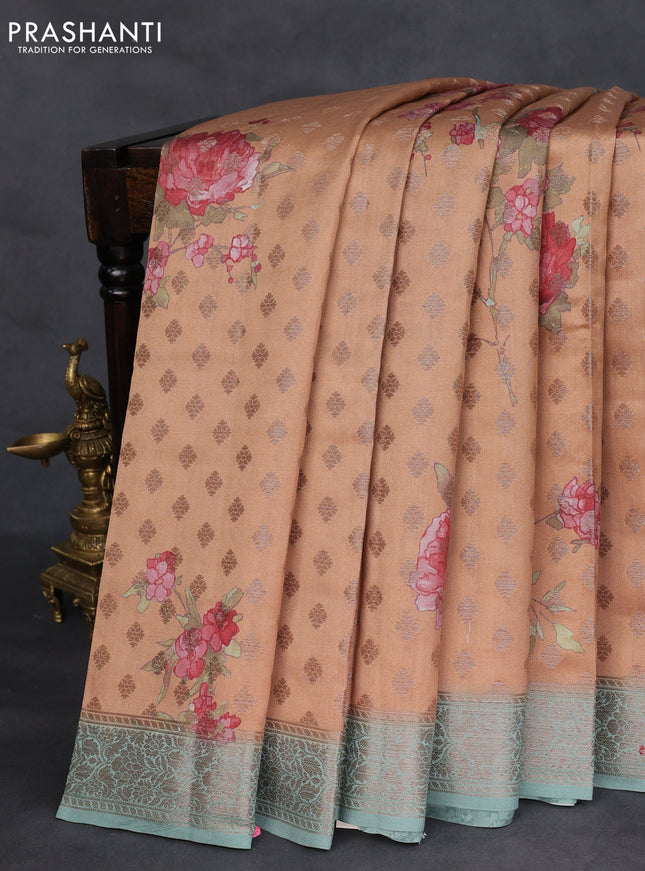 Chiniya silk saree dark sandal and pastel blue with woven buttas & digital prints and zari woven border