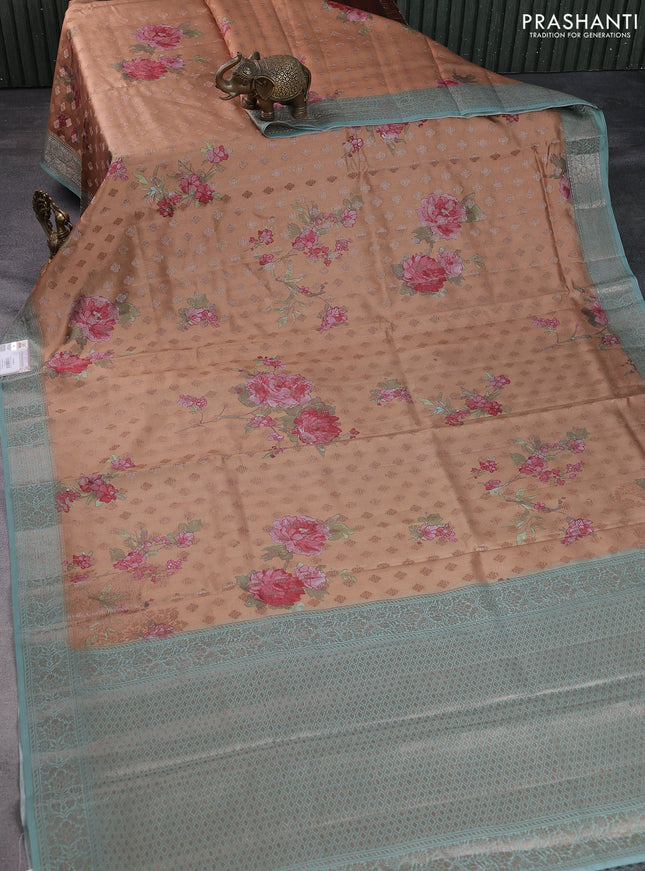 Chiniya silk saree dark sandal and pastel blue with woven buttas & digital prints and zari woven border