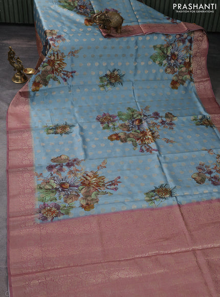 Chiniya silk saree pastel blue and pastel maroon with woven buttas & digital prints and zari woven border
