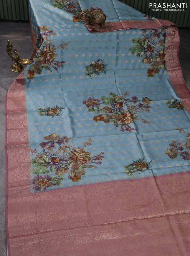 Chiniya silk saree pastel blue and pastel maroon with woven buttas & digital prints and zari woven border