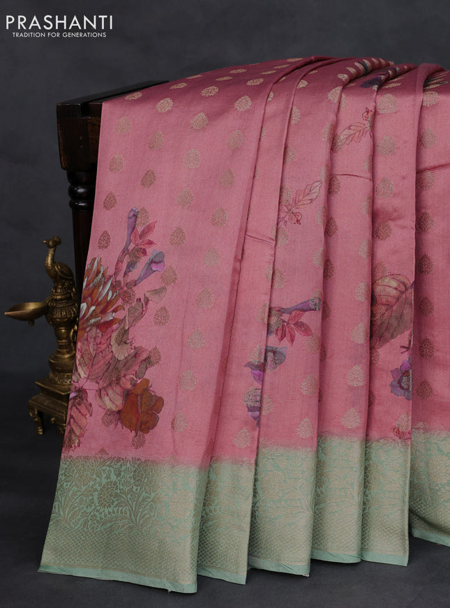 Chiniya silk saree peach shade and pastel green with woven buttas & digital prints and zari woven border