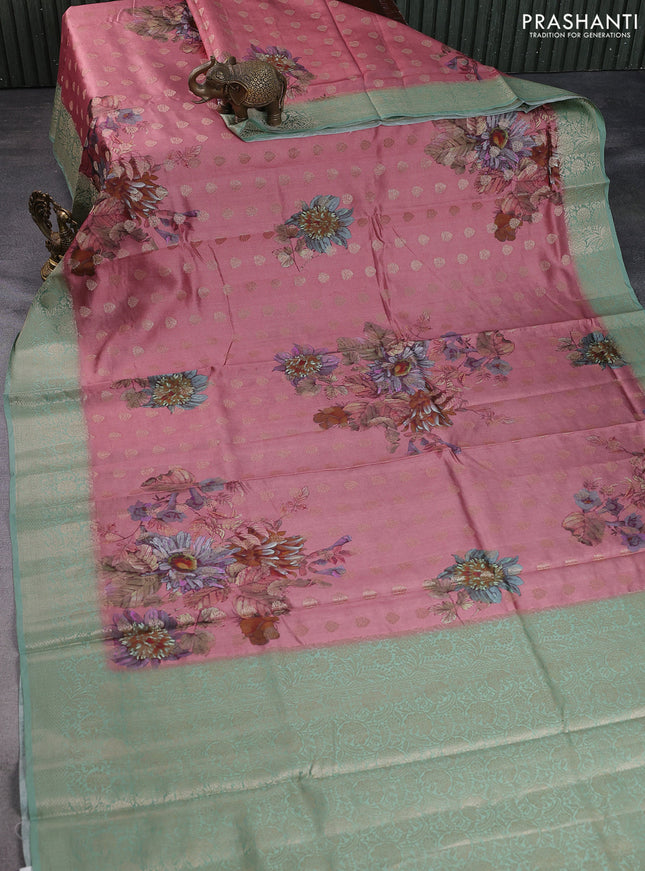 Chiniya silk saree peach shade and pastel green with woven buttas & digital prints and zari woven border