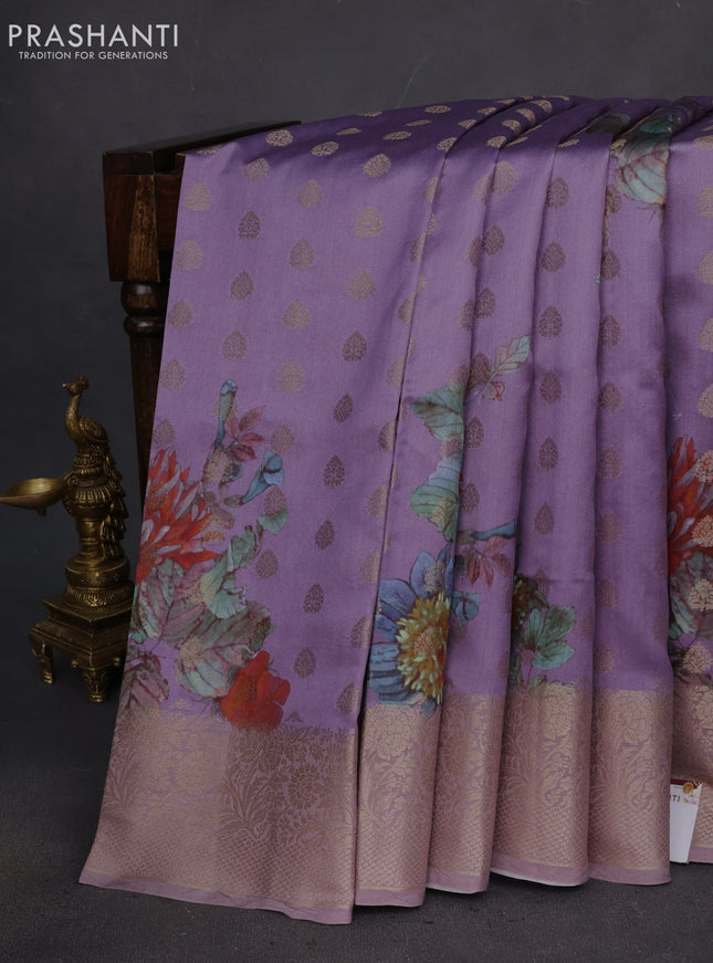 Chiniya silk saree pastel lavender with allover woven buttas & floral digital prints and zari woven border