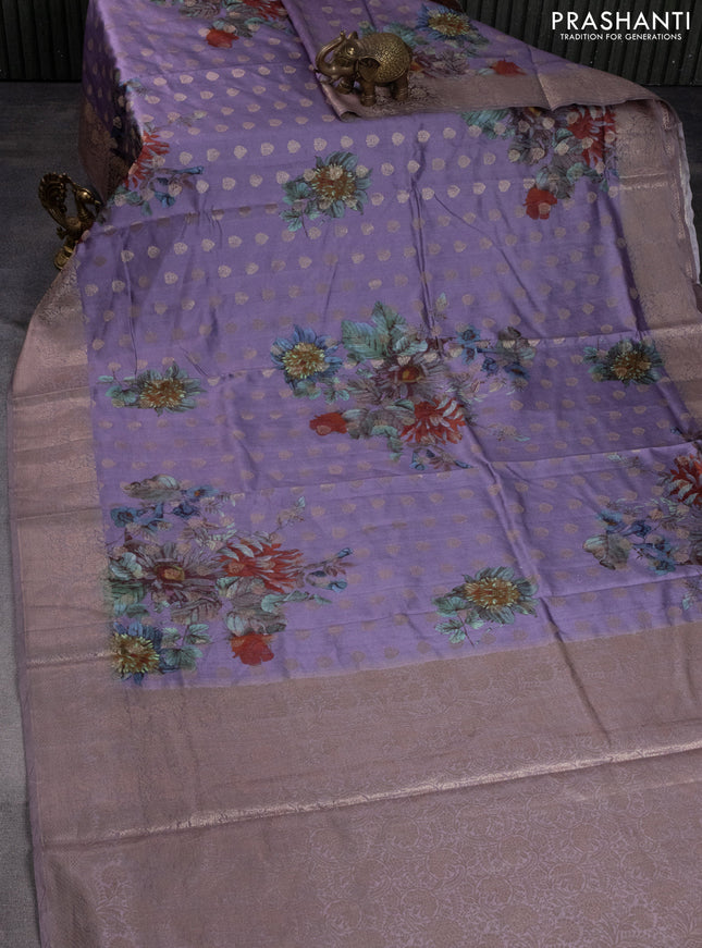 Chiniya silk saree pastel lavender with allover woven buttas & floral digital prints and zari woven border