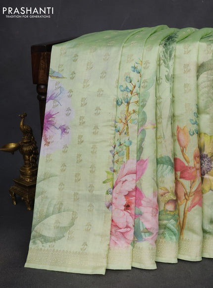 Chiniya silk saree pista green with allover woven buttas & floral digital prints and zari woven border