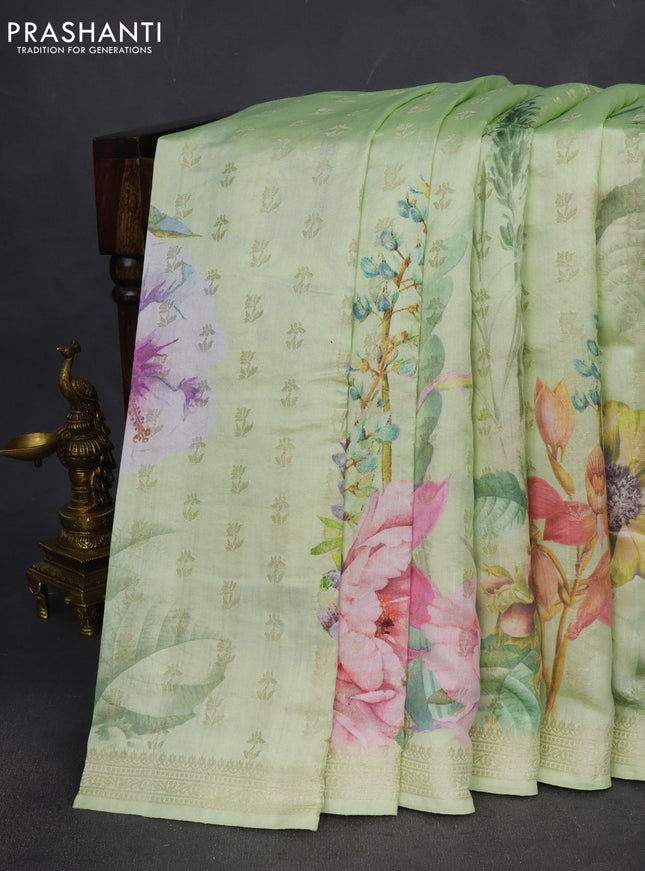 Chiniya silk saree pista green with allover woven buttas & floral digital prints and zari woven border