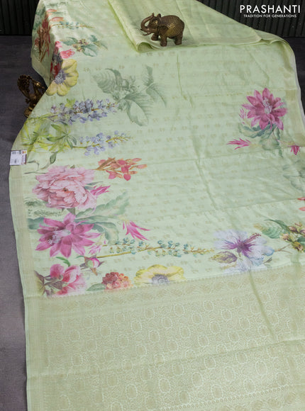 Chiniya silk saree pista green with allover woven buttas & floral digital prints and zari woven border