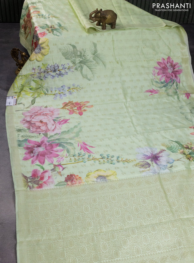 Chiniya silk saree pista green with allover woven buttas & floral digital prints and zari woven border
