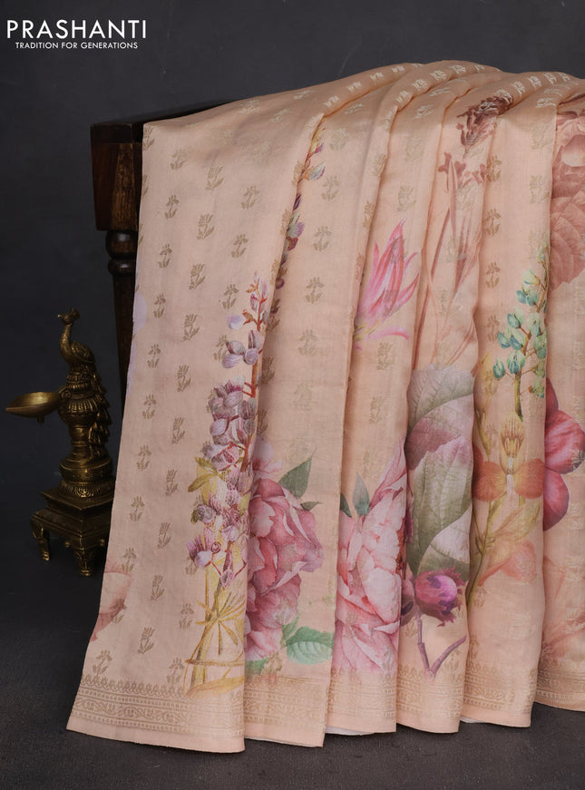 Chiniya silk saree pale orange with allover woven buttas & floral digital prints and zari woven border