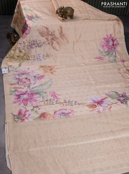 Chiniya silk saree pale orange with allover woven buttas & floral digital prints and zari woven border