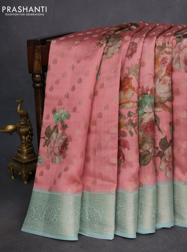 Chiniya silk saree onion pink and pastel blue shade with allover woven buttas & floral digital prints and zari woven border