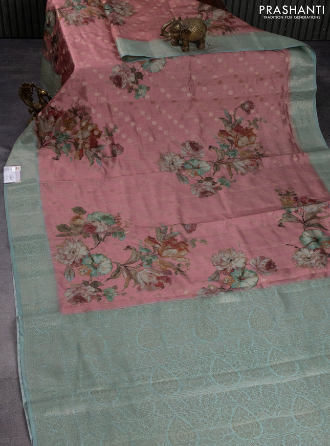 Chiniya silk saree onion pink and pastel blue shade with allover woven buttas & floral digital prints and zari woven border