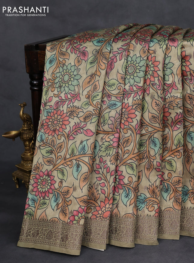 Chiniya silk saree pastel green with allover woven buttas & kalamkari digital prints and banarasi style border