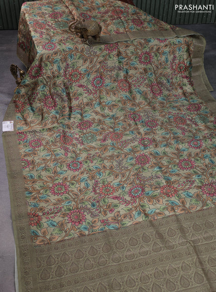 Chiniya silk saree pastel green with allover woven buttas & kalamkari digital prints and banarasi style border