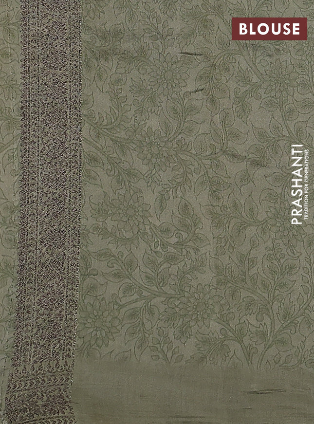 Chiniya silk saree pastel green with allover woven buttas & kalamkari digital prints and banarasi style border