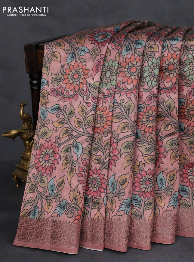 Chiniya silk saree pastel brown with allover woven buttas & kalamkari digital prints and banarasi style border