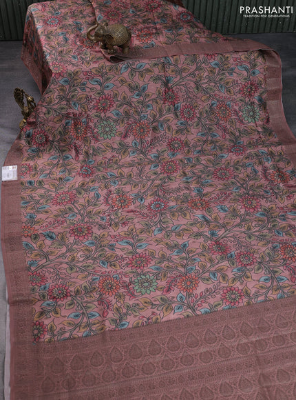 Chiniya silk saree pastel brown with allover woven buttas & kalamkari digital prints and banarasi style border