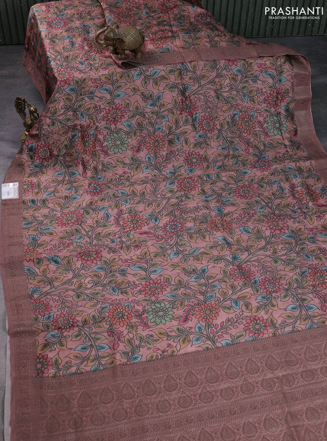 Chiniya silk saree pastel brown with allover woven buttas & kalamkari digital prints and banarasi style border