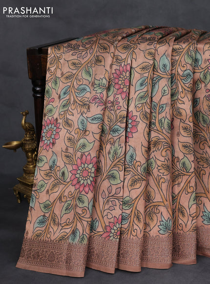 Chiniya silk saree brown with allover woven buttas & kalamkari digital prints and banarasi style border