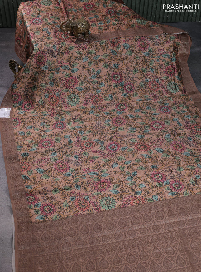 Chiniya silk saree brown with allover woven buttas & kalamkari digital prints and banarasi style border