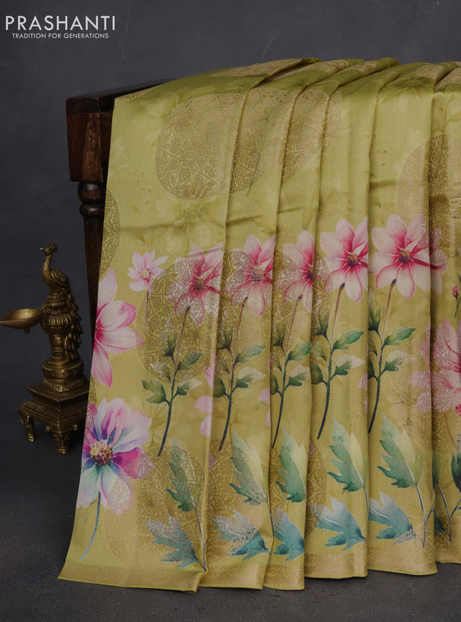 Chiniya silk saree lime green with zari woven buttas & floral digital prints and zari woven border