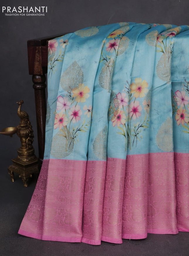 Chiniya silk saree teal blue and pink with zari woven buttas & floral digital prints and long zari woven border